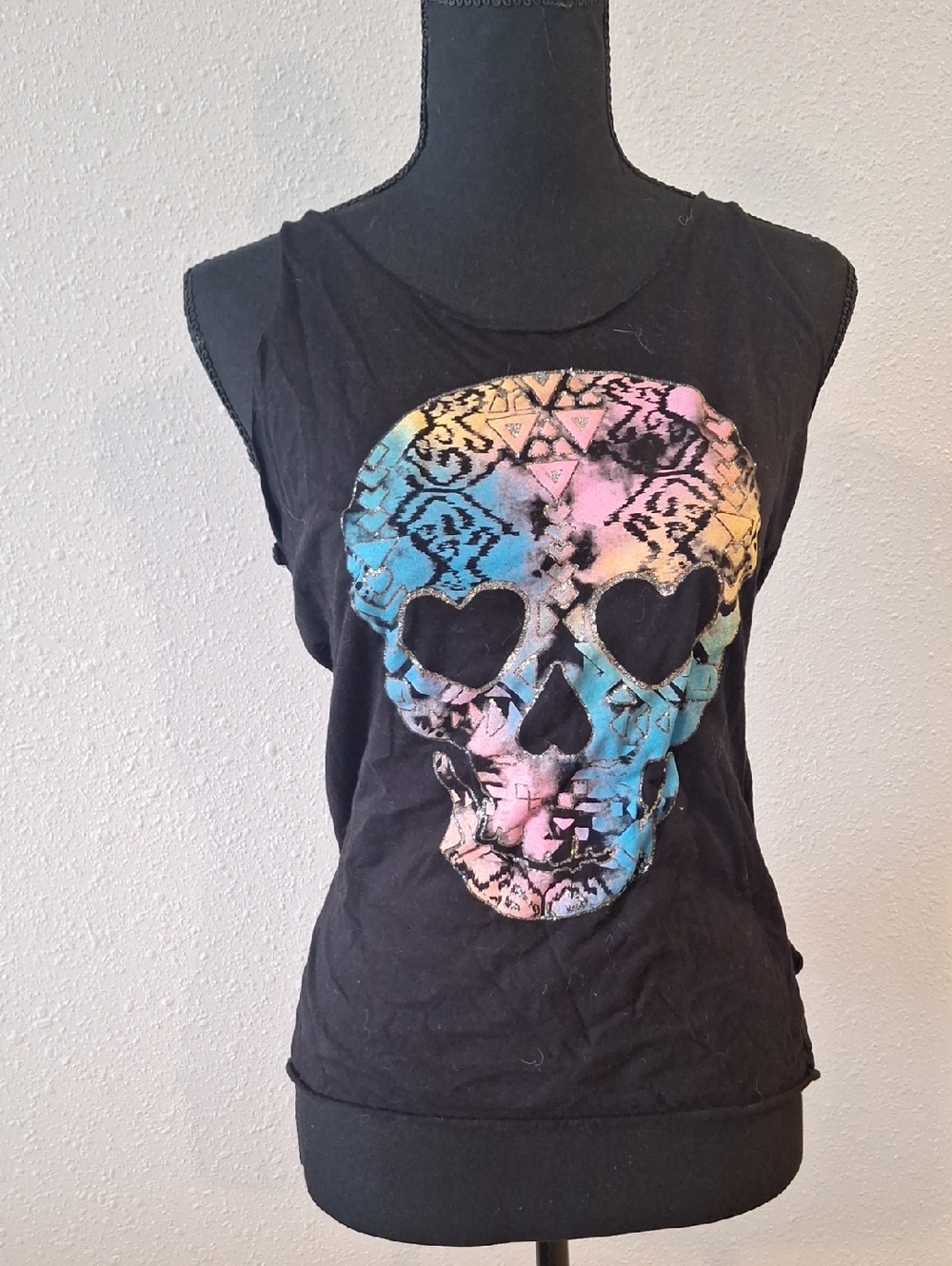 No Boundaries Black Tank Top with Multicolor Pastel Skull Graphic